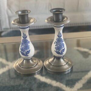 Set of 2 Silverplated Pewter Delft Blue Candlestick Holder